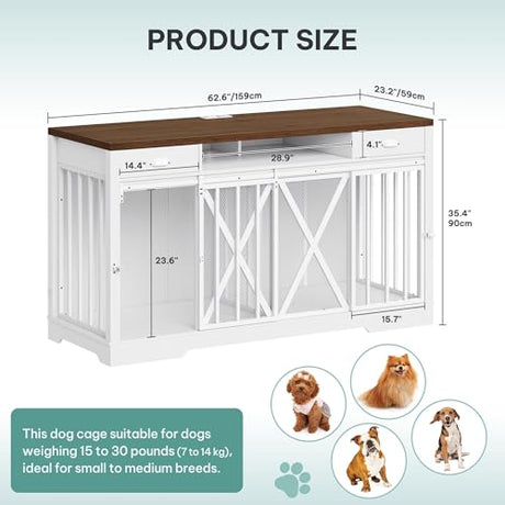 YITAHOME 63 Inch Double Dog Crate TV Stand with Charging Station, Heavy Duty Wooden Dog Crate Furniture for 2 Dogs, Dog Kennel Indoor Furniture Double Sliding Barn Door Design Ideal for 2 Dogs, White YITAHOME