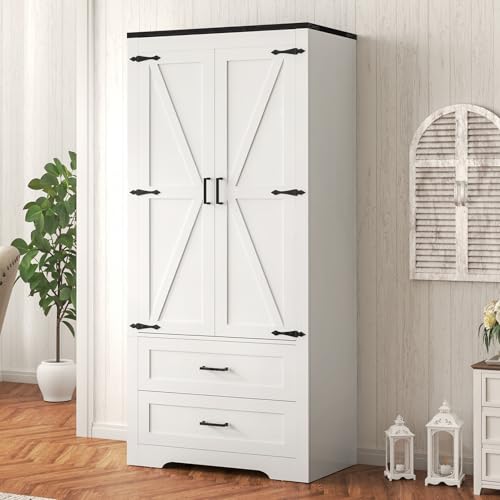 Quimoo 71" Tall Pantry Cabinet with 2 Drawers & Adjustable Shelf, Kitchen Pantry Cabinet with Barn Doors, Storage Cabinet, Kitchen Cabinet for Kitchen, Home Office, Bathroom, White - WoodArtSupply