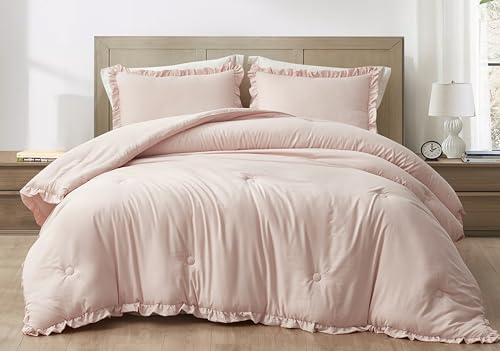 Chezmoi Collection Nora Blush Comforter Set Twin Size 2-Piece Lightweight Soft Stone-Washed Ruffled Shabby Chic Bedding for All Season Chezmoi Collection