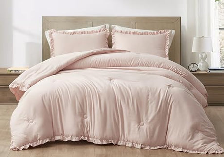 Chezmoi Collection Nora Blush Comforter Set Twin Size 2-Piece Lightweight Soft Stone-Washed Ruffled Shabby Chic Bedding for All Season Chezmoi Collection