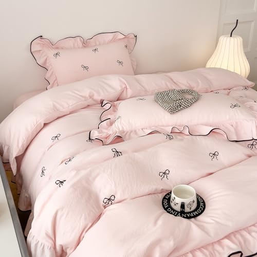 AOJIM Chic Pink Duvet Cover Set 3-Piece with Bow Pattern for Kids Adults, Twin Size Brushed Microfiber Ruffled Bedding Set, 1 Soft Comforter Cover and 2 Pillowcases, for All Seasons AOJIM
