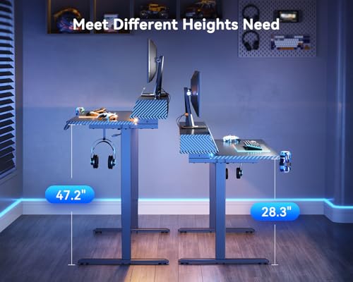 OffiGo Gaming Standing Desk with LED Light, 55 Inch Electric Height Adjustable Table with Power Outlet & Monitor Stand, Sit Stand Computer Workstation for Home, Bedroom, Black OffiGo