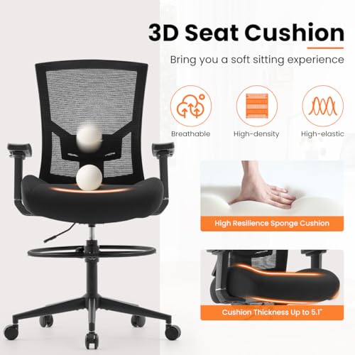 500lbs Drafting Chair,Big and Tall Office Chair for Standing Desk with Wide Seat,2D Adjustable Lumbar Support,Ergonomic Office Chair with Footrest for Home,Drawing or Counter Height Use BOSMILLER