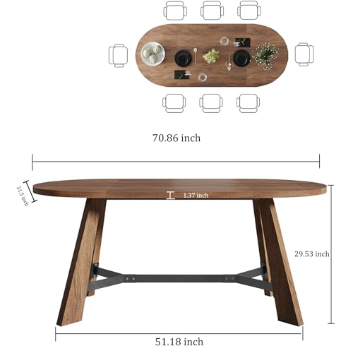 SAINTCY 70.86" Oval Dining Table for 6-8 People, Wood Kitchen Table, Rustic Dinner Room Table with Sturdy Tapered Legs, Home Furniture Kitchen Table for Kitchen, Living Room (Brown) SAINTCY