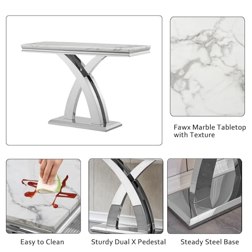Henf Faux Marble Luxury Console Table with X-Shape Steel Base, 47in Marble Top Narrow Table Console Sofa Table Behind Couch for Living Room, White Mable Entryway Table Foyer Table for Entrance Henf