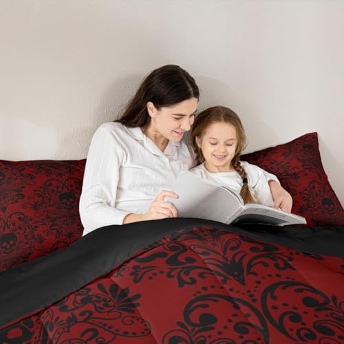 Feelyou Adults Gothic Skull Bedding Set Queen Size Kids Damask Print Comforter Goth Bohemian Duvet Breathable Soft Lightweight Microfiber Black Red Room Decor with 2 Pillowcases Feelyou