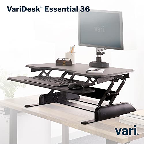 Vari - VariDesk Essential 36 - Two-Tier Standing Desk Converter for Monitor & Accessories - Height Adjustable Sit Stand Desk - Fully Assembled Monitor Riser for Home Office - 36" Wide, Black Vari