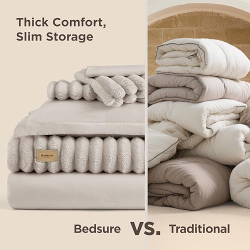 Bedsure Gentlesoft™ 2-in-1 King Size Comforter Set and Detachable Fluffy Blanket, Beige Bedding Set for All Season Use, SnapTech™ Design for Space Saving (Includes 2 Pillow Shams, 2 Pillowcases) Bedsure