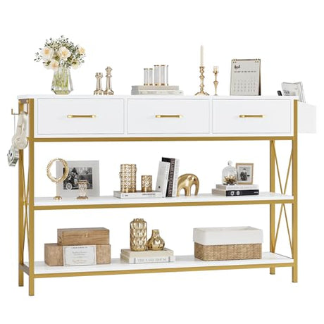 HITHOS 47.2" Console Table with 3 Drawers, Narrow Long Entryway Table with 3-Tier Storage Shelves, Industrial Sofa Foyer Table for Living Room, Hallway, Entry Way, Foyer, Kitchen, White/Gold HITHOS