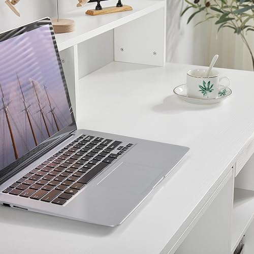 Yaheetech Desk with Keyboard Tray, Home Office Computer Desk Wooden PC Laptop Desk, Morden Sturdy Study Writing Table, White