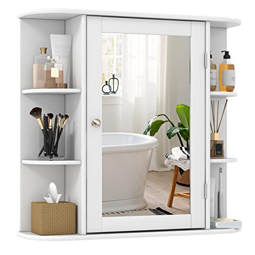 Tangkula Bathroom Medicine Cabinet with Mirror, Wall Mounted Bathroom Storage Cabinet w/Mirror Door & 6 Open Shelves, Adjustable Shelves, Mirrored Bathroom Wall Cabinet (White) Tangkula