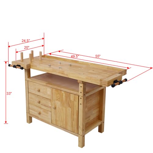 Donext 50" Wooden Workbench - with 3 Drawers 1 Cabinet Door and Shelf Integrated Vises and Bench Dog Holes Versatile for Garage, Woodworking Carpenter Workshop, and Home Use Donext