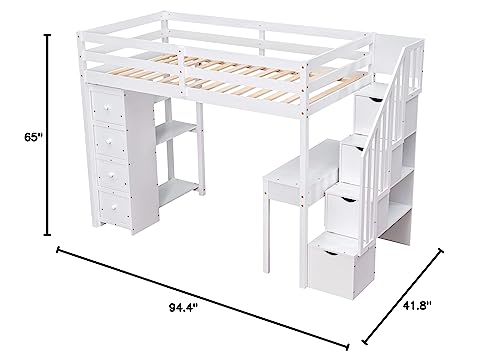Merax Loft Bed Twin with Desk and Storage Stairs, Space-Saving Wood Bed Frame with Drawers and Shelves, for Teens Adults (White) Merax