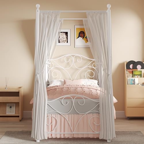 VECELO Metal Canopy Bed Frame Twin Size, 4 Posters Platform Mattress Foundation with Headboard, Heavy Duty Steel Slats Support, No Box Spring Needed, White