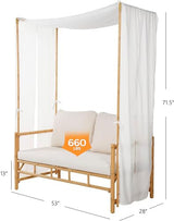 Grand patio Outdoor Loveseat with Canopy, Metal Patio Loveseat Sofa with Thick Cushion, Tropical-style Patio Furniture Featuring Imitation Bamboo Finish, White Grand patio