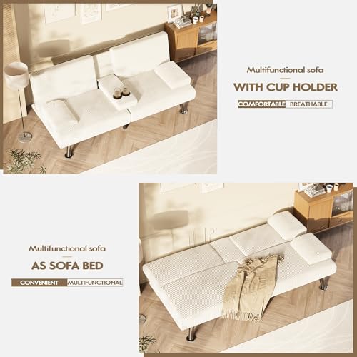 Homall Futon Sofa Bed, Futon Couch with Removable Armrests, Adjustable Recliner Sleeper Sofa Bed with Dual Cup Holders for Living Room, Apartment, Office (Corduroy, White) Homall