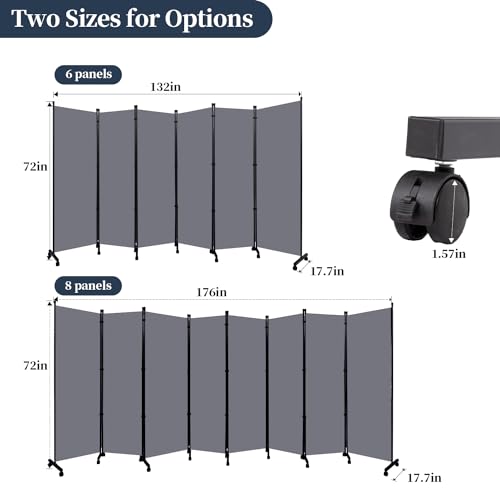 Room Divider Folding Privacy Screens with Lockable Wheels, 176'' Fabric Partition Room Dividers Freestanding Room Divider Panel for Room Separation, Wall Divider for Home Office Bedroom Studio Decor HOMSCREENER