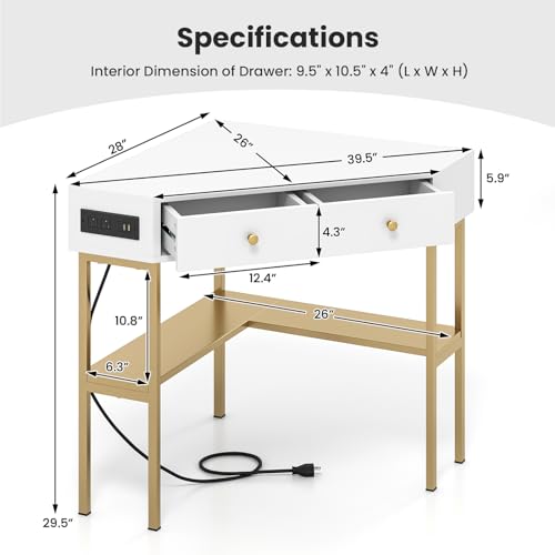 Tangkula Corner Desk with 2 Drawers & Built-in Charging Station, 90 Degrees Triangle Corner Computer Desk for Small Space, Bedroom Makeup Vanity Desk with Storage Shelves, Corner Desk (Gold & White) Tangkula