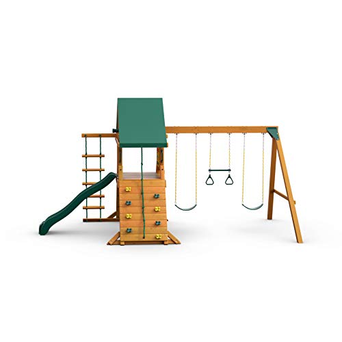 Gorilla Playsets 01-1059-AP High Point Wood Swing Set with Green Vinyl Canopy, Two Swings, Rock Climbing Wall, Slide, Amber - WoodArtSupply