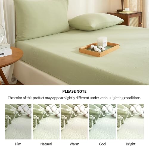 100% Muslin Cotton Sage Green Fitted Sheet Twin Only with 16" Elastic Deep Pocket, 1 Pack Soft Breathable Absorbent Gauze Single Fitted Bottom Sheet, Minimalist Fluffy Wrinkle Mattress Protector YASMENG