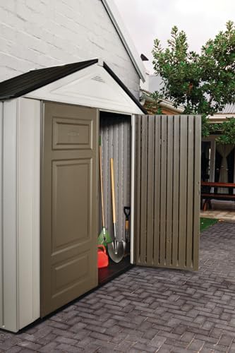 Rubbermaid Resin Outdoor Storage Shed With Floor (7 x 3.5 Ft.), Weather Resistant, Brown/Grey, Organization for Home/Lawn Mower/Backyard Equipment/Bike Storage/Pool Supplies - WoodArtSupply