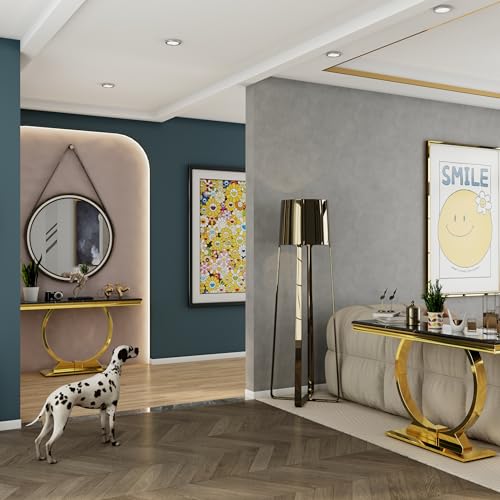 Asday Gold Console Table, 50 inch Glam Black and Gold Entryway Table with U-Shaped Base, Polished Gold Entrance Table with Black Top for Entryway, Hallway, Foyer Asday