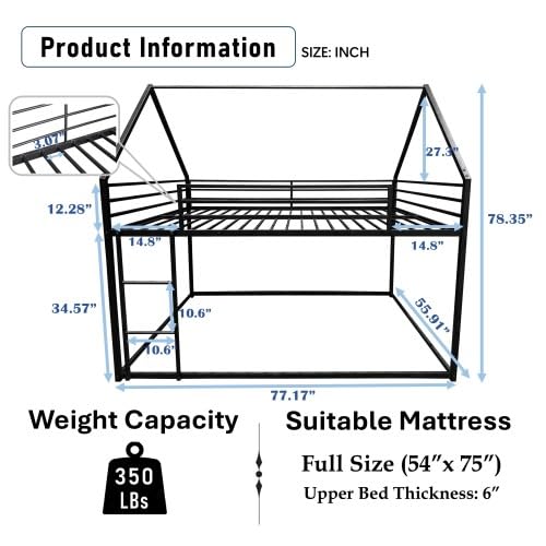 PVWIIK Full Over Full Metal Floor Bunk Bed with Safety Guardrails and Roof Design for Kids,Girls, Boys,House Shaped Bunk Bed Frame,No Box Spring Required,Black