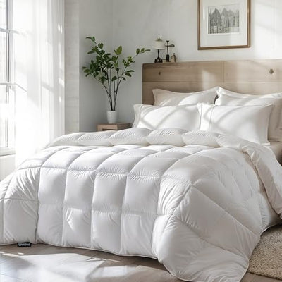 Beautyrest Goose Feather Down Fiber Comforter King Size All Season, Hotel Collection Fluffy 100% Cotton Cover Duvet Insert, Medium Warmth 106 x 90 Inch White