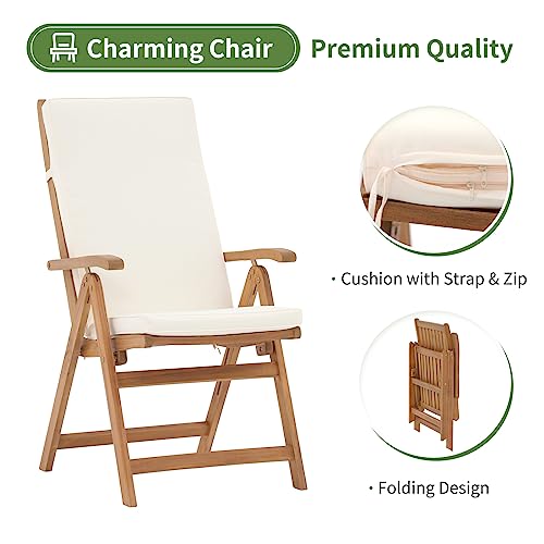 OC Orange-Casual Folding Patio Dining Chair Set of 4, Outdoor Acacia Wooden Reclining Chair w/Armrest & Removeable Cushion, FSC Certified Wood, for Porch, Backyard, Garden, Indoor, Beige OC Orange-Casual