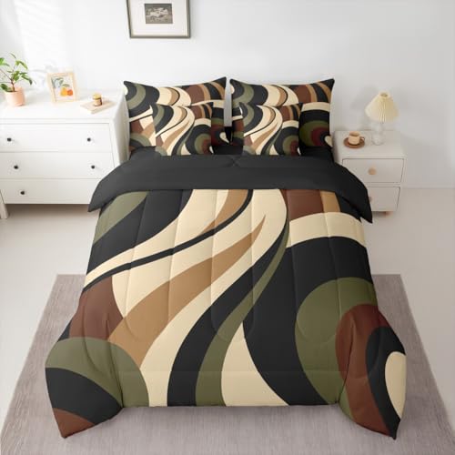 Green Brown Spiral King 7-Piece Bedding Set Modern Swirls Stripes Abstract Comforter Set with Sheets for Minimalists Boho Aesthetic Geometric Bed in a Bag Graffiti Art Lines Bedding Sets Erosebridal