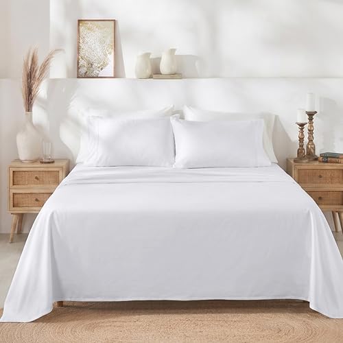 California Design Den King Size Sheets Set - Soft 400 Thread Count Sateen, Natural 100% Cotton Sheets King Size, Deep Pockets with All Around Elastic for a Snug Fit, Durable Bedding - White California Design Den