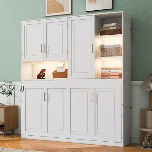 SOFTSEA Twin Size Horizontal Murphy Bed with Bookcase, LED Light and USB Charging Station, Space-Saving Hideaway Wall Bed Frame, White SOFTSEA
