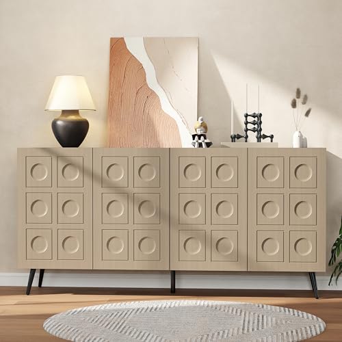 Vrmuxita Sideboard Buffet Cabinet with Storage: 63" Black and Oak Credenza Storage Cabinet for Living Room, Mid Century Modern Console Table with 4 Doors, Fluted Long Accent Cabinets (Oak) Vrmuxita