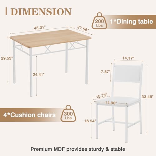 VECELO Dining Table Set for 4 with Chairs, 5-Piece Kitchen Table and Upholstered Padded Chairs Set for Small Space, Dining Room, Apartment, Natural Oak VECELO