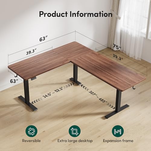 FEZIBO 63" x 55"L Shaped Standing Desk Adjustable Height, 63 Inch Electric Stand up Corner Computer Desk, Sit Stand Home Office Desk with Splice Board, Black Frame/Black Walnut Top FEZIBO