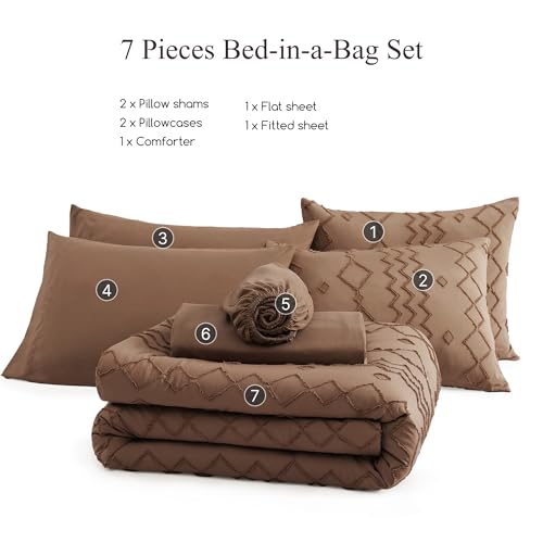 AMBERSPACE King Size Comforter Set Brown, Tufted Geometric Boho Bedding Farmhouse Bed Set, All Season 7 Pieces Bed in a Bag with Sheets, Pillowcases & Shams AMBERSPACE