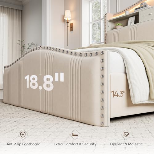 CIKUNASI 51.5" Queen Size Bed Frame with Tall Headboard and Storage | Velvet Upholstered Bed Frame with LED Lights & Charging Station | No Box Spring Needed Tall Footboard White CIKUNASI