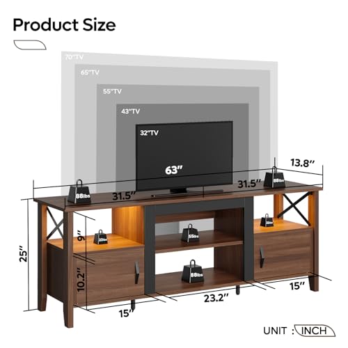 Bestier Farmhouse TV Stand for 70 inch TV, Gaming Entertainment Center with LED Lights, TV Console with 2 Storage Cabinets and Shelf for Living Room, 63'' Inch, Ancona Walnut Bestier