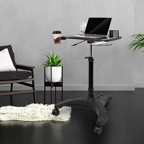EHO Mobile Laptop Standing Desk Carts on Wheels with Stationery Storage, Pneumatic, Height Adjustable Rolling Stand, Sit to Stand Computer Cart, Workstation for Home, Office, Medical and School EHO