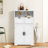 WEENFON Vintage White Floor Cabinet with Barn Doors, 2 Drawers, and Adjustable Shelf for Versatile Home Storage WEENFON