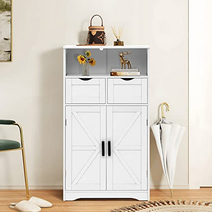 WEENFON Vintage White Floor Cabinet with Barn Doors, 2 Drawers, and Adjustable Shelf for Versatile Home Storage