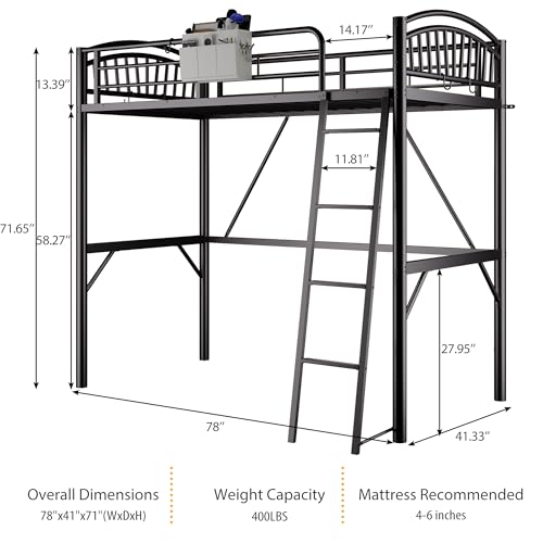Decofy Metal Loft Bed Twin Size, Twin Loft Bed with Bedside Caddy, Convertible Ladder & Full-Length Guardrails, Space-Saving & Noise Free Design, No Box Spring Needed, Loftbed Frame for Teens Adults Decofy