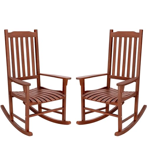 PrimeZone Oversized Outdoor Rocking Chair Set of 2, High Back Acacia Wood Patio Chairs, Weather Resistant Porch Rocker for Adult, Heavy Duty Wooden Rockers for Garden, Backyard, Lawn, Indoor, Brown