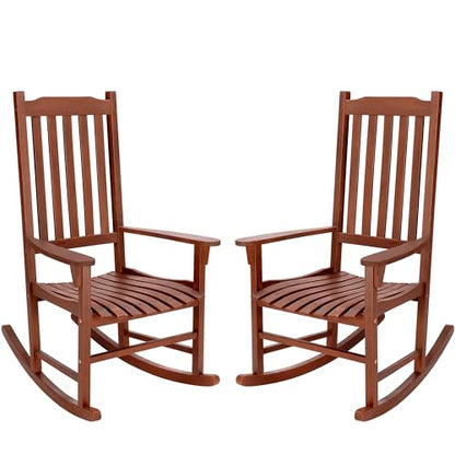 PrimeZone Oversized Outdoor Rocking Chair Set of 2, High Back Acacia Wood Patio Chairs, Weather Resistant Porch Rocker for Adult, Heavy Duty Wooden Rockers for Garden, Backyard, Lawn, Indoor, Brown