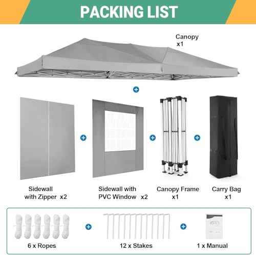 COBIZI 10x20 Pop Up Canopy Tent with 6 Sidewalls Party Tents Waterproof UPF 50+ Commercial Instant Outdoor Events Tent for Parties Markets Backyard, Ropes（10 x 20 ft Gray COBIZI