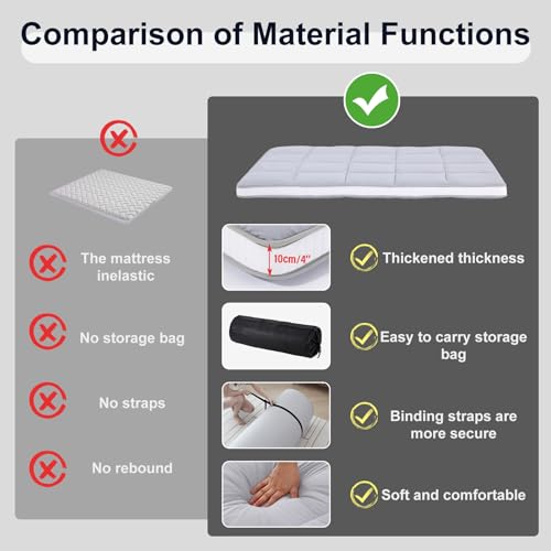 Tiita Japanese Floor Mattress Futon Mattress 4” Thick Folding Roll Up Sleeping Pad with Bag & Strap, Bed Topper Mat for Guest, Lounger and Travel, Grey,Full Size Tiita
