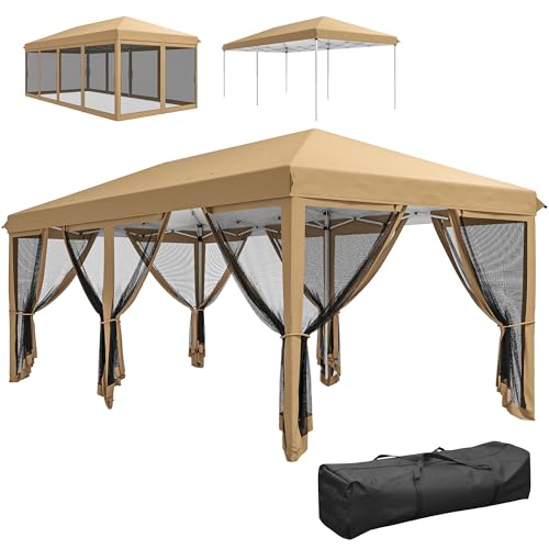 Outsunny 10' x 20' Pop Up Canopy Tent with Netting, Heavy Duty Instant Sun Shelter, Large Tents for Parties with Carry Bag for Outdoor, Garden, Patio, Beige Outsunny