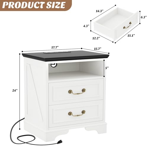 Unikito Farmhouse Nightstand with Charging Station, Bedside Table with 2 Large Drawers & Vintage Handles, Side Table with Open Storage for Bedroom (Antique White) Unikito