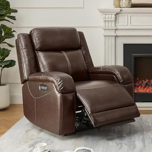 Watson & Whitely Oversized Genuine Leather Power Recliner Chairs for Big and Tall, Wall Hugger Recliner with Power Headrest & Charging Ports, Extra Large Reclining Chair for Living Room, Dark Brown