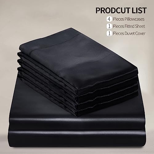 Manyshofu 6Pcs Black Duvet Cover Set King Size - Satin Fitted Sheet & Pillowcases, Cooling & Silky Comforter Cover Set Manyshofu